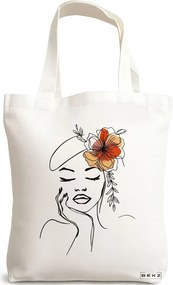 Sacosa de Panza pentru Cumparaturi, Geanta Tote, Flower Lady 13, 38x34.5 cm, Alba, BEKZ®