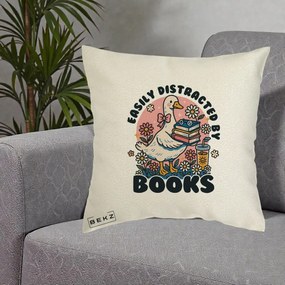 Perna Personalizata Easily Distracted by Books, 40x40 cm, Ecru, Husa Detasabila, Perna Inclusa, BEKZ®