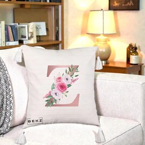Cadou Personalizat - Perna Personalizata Monograma Rose Gold Litera Z, 40x40 cm, Bej cu Franjuri, Husa Detasabila, Perna Inclusa, BEKZ®