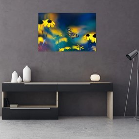 Tablou - Fluture galben și flori (90x60 cm)