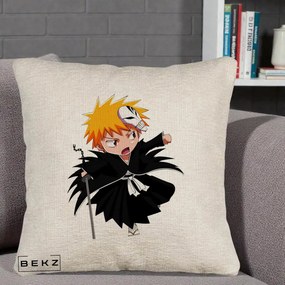 Perna Personalizata Bleach Ichigo Chibi cu Masca, 40x40 cm, Bej Canapea, Husa Detasabila, Perna Inclusa, BEKZ®