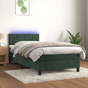 3134378 vidaXL Pat cu arcuri, saltea și LED, verde închis, 90x190 cm, catifea