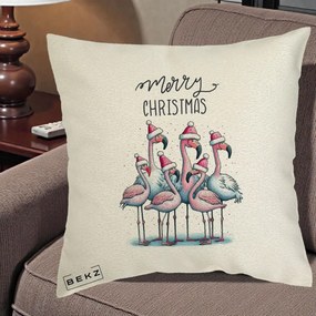 Perna Decorativa Flamingo Merry Christmas, 40x40 cm, Ecru, Husa Detasabila, Perna Inclusa, BEKZ®