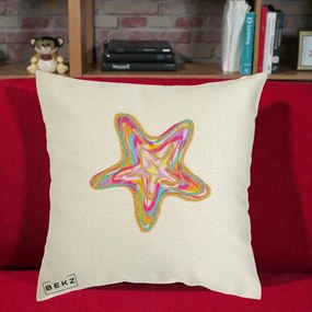 Perna Decorativa Stea de Mare Neon Curcubeu, 40x40 cm, Ecru, Husa Detasabila, Perna Inclusa, BEKZ®