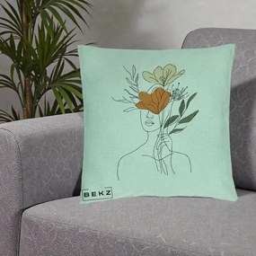 Perna Decorativa Portret Feminin Coroana Florala, 40x40 cm, Verde Menta, Husa Detasabila, Perna Inclusa, BEKZ®