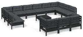 3097293 vidaXL Set mobilier de grădină cu perne, 14 piese, negru, lemn de pin