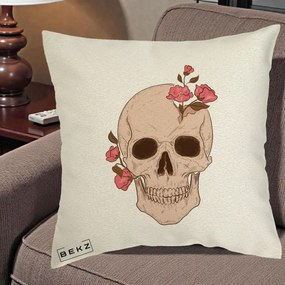 Perna Decorativa Craniu Floral Gothic, 40x40 cm, Ecru, Husa Detasabila, Perna Inclusa, BEKZ®