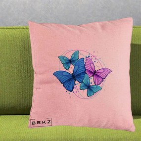 Perna Decorativa Patru Fluturi Turcoaz-Violet, 40x40 cm, Roz, Husa Detasabila, Perna Inclusa, BEKZ®