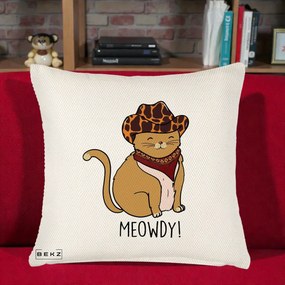 Perna Decorativa Pisica Cowboy Meowdy, 40x40 cm, Crem Reliefat, Husa Detasabila, Perna Inclusa, BEKZ®
