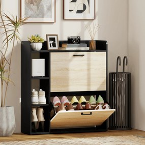 HOMCOM Dulap pentru pantofi slim cu 2 sertare și 3 compartimente deschise, Capacitate 15 perechi, 83x24x90.5 cm, Negru | Aosom Romania