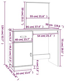 Masa de toaleta, alb, 95x50x134 cm, lemn masiv de pin Alb