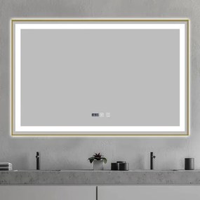 Oglindă Baie LED și Dezaburire Elit's Premium cu Senzor Touch, Lumina Rece, Caldă și Neutră, 100x65cm, cu rama Bronz Antichizat, Ceas