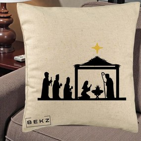 Perna Decorativa Nasterea Pruncului Silueta Neagra si Stea Aurie, 40x40 cm, Bej, Husa Detasabila, Perna Inclusa, BEKZ®