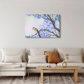 Tablou - Pasăre pe un copac cu flori albastre (90x60 cm)
