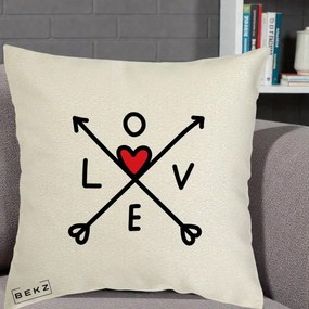 Perna Decorativa Love cu Sageti Incrucisate si Inima Rosie, 40x40 cm, Ecru, Husa Detasabila, Perna Inclusa, BEKZ®