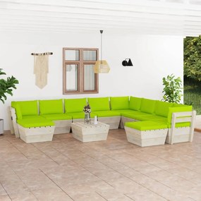 Set mobilier gradina din paleti cu perne, 11 piese, verde aprins, lemn molid verde aprins, 3x colt + 5x mijloc + masa + 2x suport pentru picioare, 1