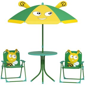 Set mobilier de grădină pentru copii AIYAPLAY, Scaune, Masa, Umbrelă, Design de Albinuțe, Verde+Galben | Aosom Romania