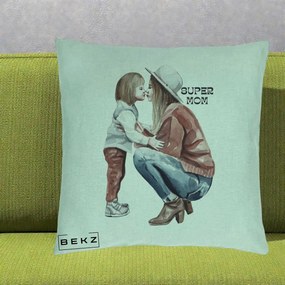 Cadou pentru Mama - Perna Personalizata Super Mom Acuarela, 40x40 cm, Verde Menta, Husa Detasabila, Perna Inclusa, BEKZ®