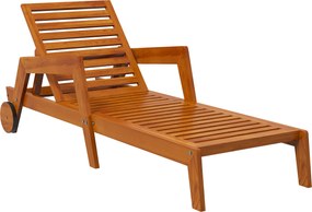 Outsunny Șezlong din lemn cu lamele cu spătar reglabil în 3 poziții cotiere 2 roți 66 x 190 x 73,5 cm | Aosom Romania