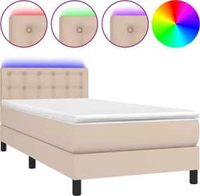 vidaXL Pat cu arcuri, cu saltea și LED, cappuccino 90x200 cm piele eco