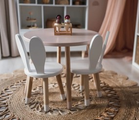Set masuta rotunda roz si 2 scaunele iepuras albe