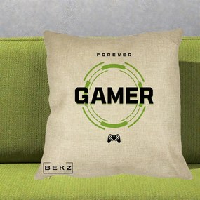 Perna Personalizata Forever Gamer, 40x40 cm, Crem, Husa Detasabila, Perna Inclusa, BEKZ®