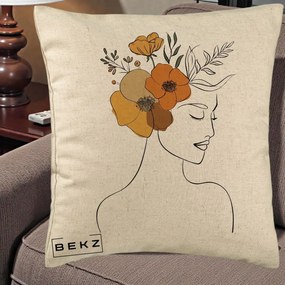 Perna Decorativa Portret Feminin Flori Galbene-Portocalii, 40x40 cm, Bej, Husa Detasabila, Perna Inclusa, BEKZ®