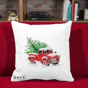 Perna Decorativa Camioneta Rosie Brad de Craciun, 40x40 cm, Alba Mata, Husa Detasabila, Perna Inclusa, BEKZ®