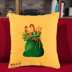 Perna Decorativa Saculet Cadouri Mos Craciun Acuarela Verde, 40x40 cm, Galben, Husa Detasabila, Perna Inclusa, BEKZ®