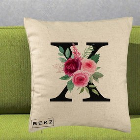 Cadou Personalizat - Perna Personalizata Monograma Florala Litera X cu Buchet, 40x40 cm, Bej, Husa Detasabila, Perna Inclusa, BEKZ®