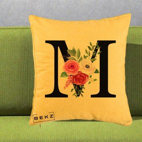 Cadou Personalizat - Perna Personalizata Monograma Florala Litera M cu Trandafiri si Anemona, 40x40 cm, Galben, Husa Detasabila, Perna Inclusa, BEKZ®