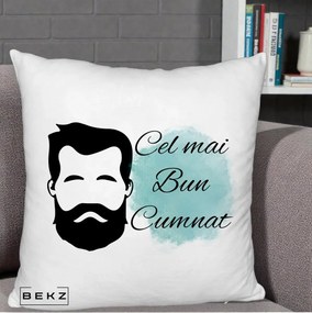 Cadou pentru Cumnat - Perna Personalizata Cel mai Bun Cumnat cu Portret Barbat si Pete Teal, 40x40 cm, Alb Pufos, Husa Detasabila, Perna Inclusa, BEKZ®