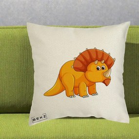 Perna Decorativa Triceratops Portocaliu, 40x40 cm, Ecru, Husa Detasabila, Perna Inclusa, BEKZ®