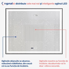 Oglindă LED Dreptunghiulară (100x80 cm), 3 Moduri Iluminare (Lumină Rece, Naturală, Caldă), Intensitate Reglabilă, Funcție Dezaburire, Ceas (Timer) și Termometru, Ramă Aluminiu, Control Tactil (Touch)