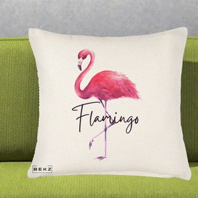 Perna Decorativa Flamingo Acuarela, 40x40 cm, Crem Reliefat, Husa Detasabila, Perna Inclusa, BEKZ®