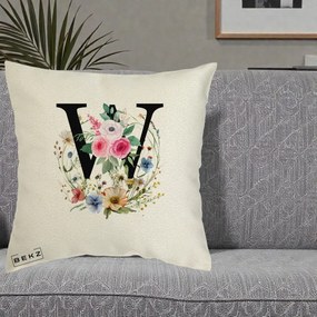 Cadou Personalizat - Perna Personalizata Monograma Florala Litera W, 40x40 cm, Ecru, Husa Detasabila, Perna Inclusa, BEKZ®