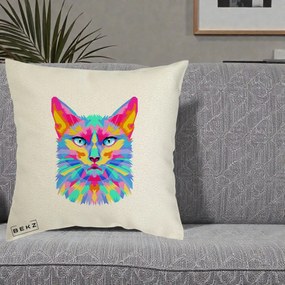 Perna Decorativa Pisica Pop Art Multicolor, 40x40 cm, Ecru, Husa Detasabila, Perna Inclusa, BEKZ®