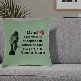 Cadou pentru Mama - Perna Personalizata Mama Nemuritoare Gravura Vintage, 40x40 cm, Verde, Husa Detasabila, Perna Inclusa, BEKZ®