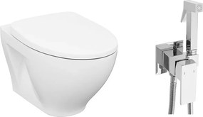Pachet vas wc suspendat Cersanit Moduo, capac softclose si set dus igiena intima crom cu baterie incastrata Rea Fenix