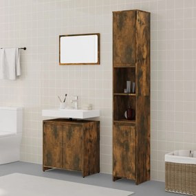 vidaXL Set mobilier de baie, 3 piese, stejar fumuriu, lemn prelucrat