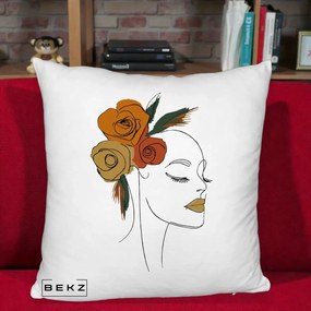 Perna Decorativa Portret Feminin Trandafiri Ruginii, 40x40 cm, Alb Pufos, Husa Detasabila, Perna Inclusa, BEKZ®