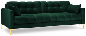 Canapea 4 locuri Mamaia cu tapiterie din catifea, picioare din metal auriu, verde inchis