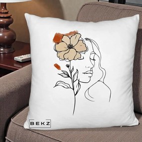 Perna Decorativa Portret Feminin Floare Bej Terracotta, 40x40 cm, Alb Pufos, Husa Detasabila, Perna Inclusa, BEKZ®