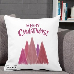 Perna Decorativa Merry Christmas Brazi Roz, 40x40 cm, Alba Mata, Husa Detasabila, Perna Inclusa, BEKZ®
