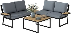 Outsunny Set mobilier de grădină în formă L, cadru metalic, pentru 4 persoane, lounge cu canapea 2 locuri și perne, 2 măsuțe suprapuse, Teak | Aosom Romania