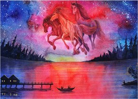 Tablou - Apariția cailor spațiali peste lac, acuarelă (70x50 cm)