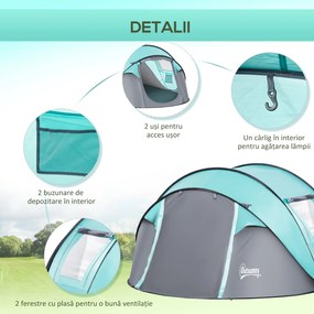 Outsunny Cort Camping 4 Persoane, Cort Automat Pop-up Iglu, 286x209x122 cm, Albastru deschis | Aosom Romania