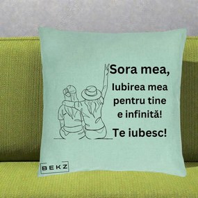 Cadou pentru Sora - Perna Personalizata Sora Mea Te Iubesc Line Art Portrete Colorate, 40x40 cm, Verde Menta, Husa Detasabila, Perna Inclusa, BEKZ®
