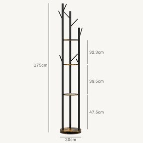 HOMCOM Suport Haine, Rotativ, cu 4 Rafturi și 8 Cârlige, stander haine pentru Hol, Dormitor, Living, 30x30x175 cm, Maro Rustic | Aosom Romania