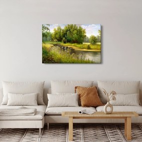 Tablou - Râu lângă pădure, pictură în ulei (90x60 cm)